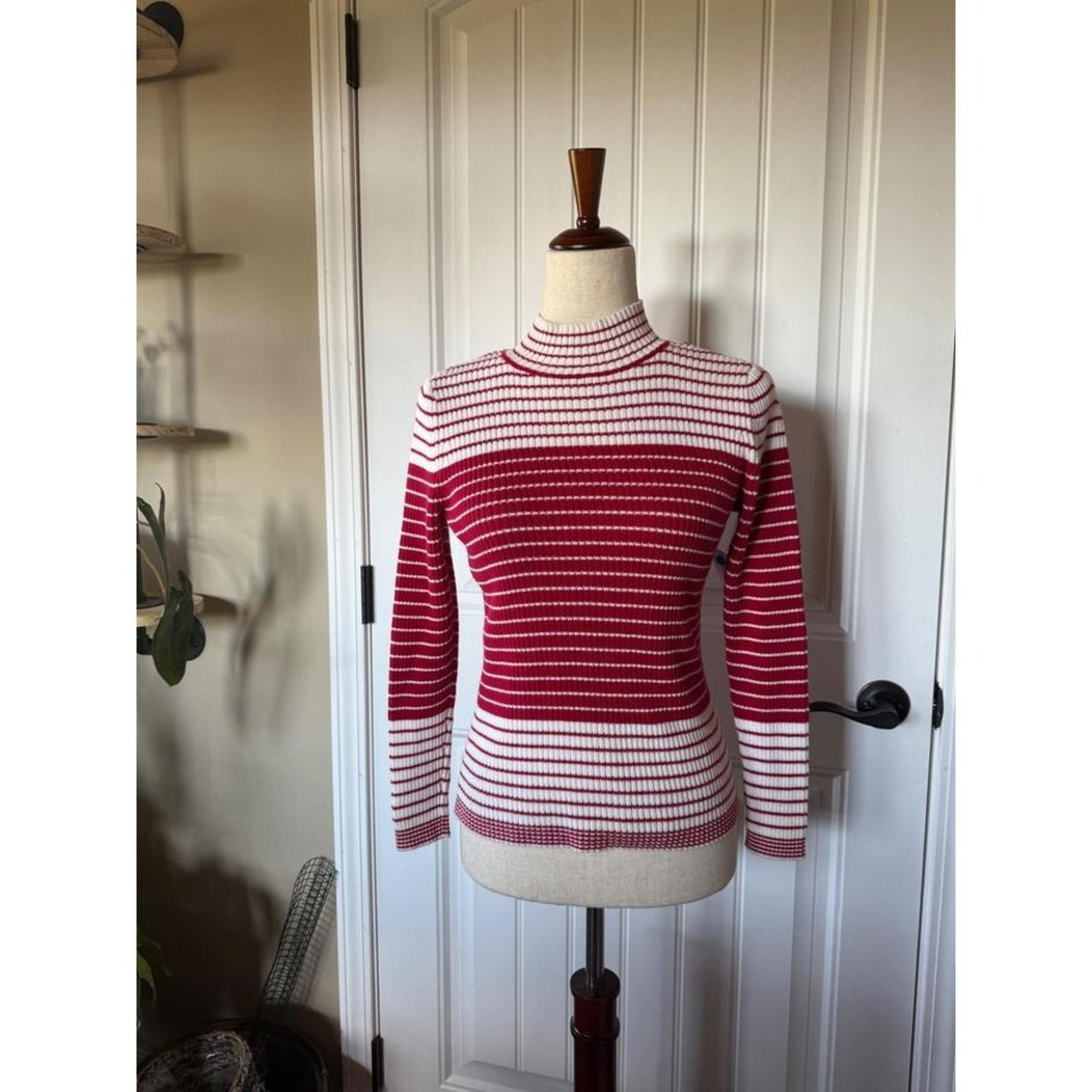 STUDIO WORKS Petite Red White Stripe Mock‎ Neck Ribbed Knit Sweater Top PS